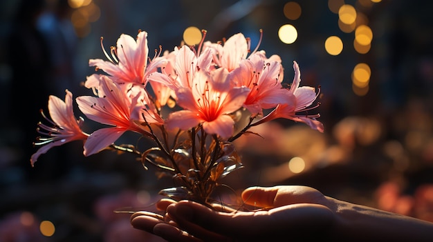 Photo woman holding a flower in the garden