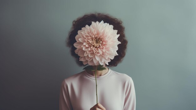 写真 顔の前で花を抱いている女性