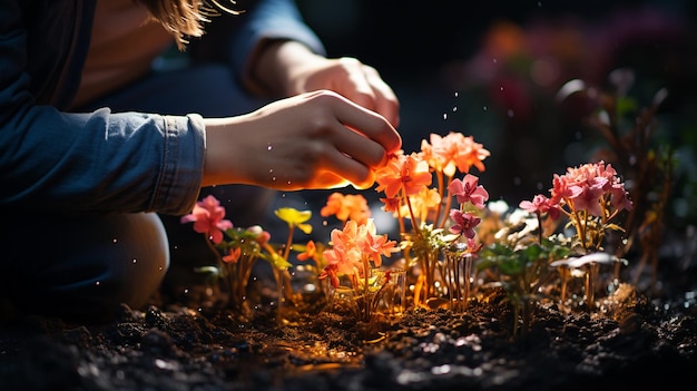 写真 夕方に花を手に持っている女性