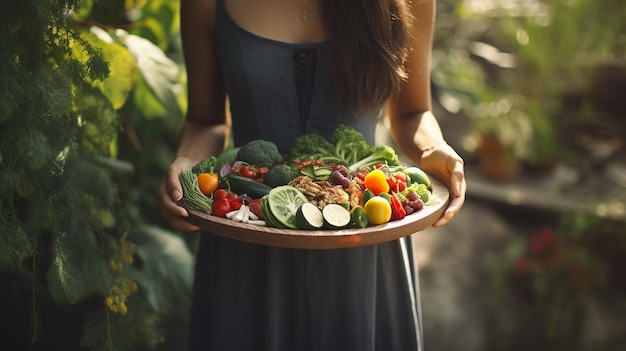 手に新鮮な有機野菜を握っている女性 健康的な食べ物