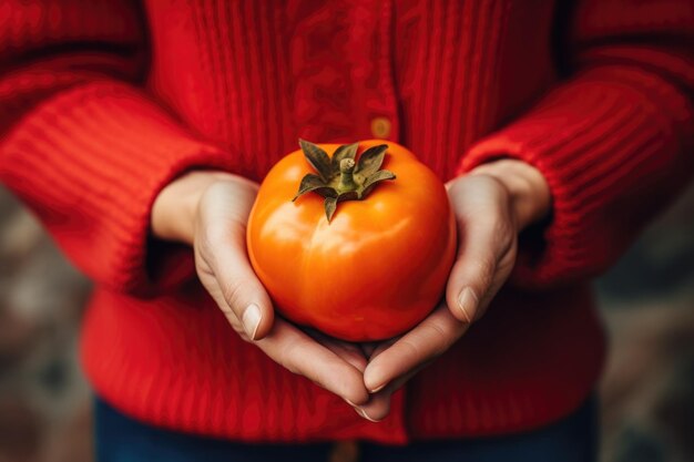 Photo woman holding fresh persimmon in red sweater