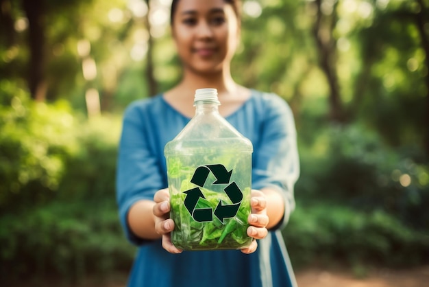 Foto donna che tiene un concetto di riciclaggio della scatola dei rifiuti riciclare riciclare imballaggi in plastica per alimenti spazzatura senza plastica