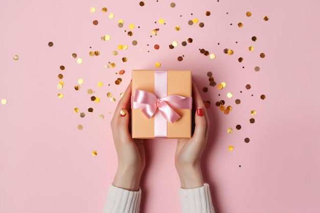 A woman holding a gift box with a pink ribbon on a pink background