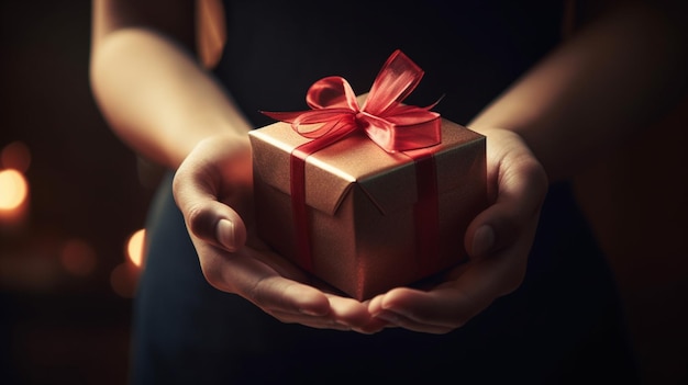 A woman holding a gift box with a red ribbon on it.