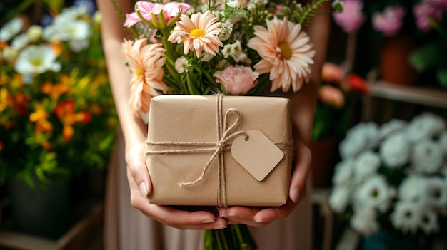 Photo woman holding a gift and flowers in her hands closeup