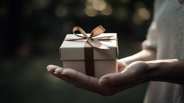 A woman holding a gift with a ribbon tied around her hand.