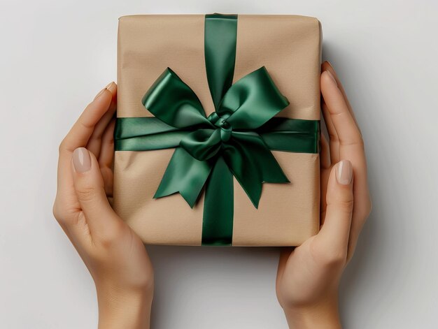 A woman holding a gift wrapped in green ribbon