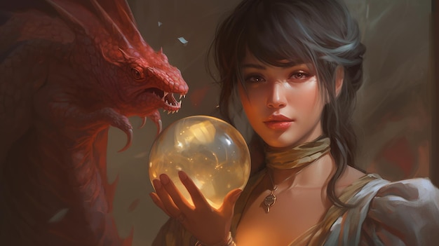 A woman holding a glass ball and a dragon ball