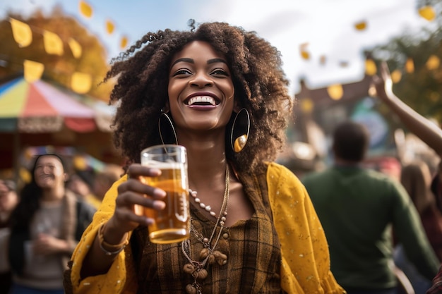 A woman holding a glass of beer in front of a crowd