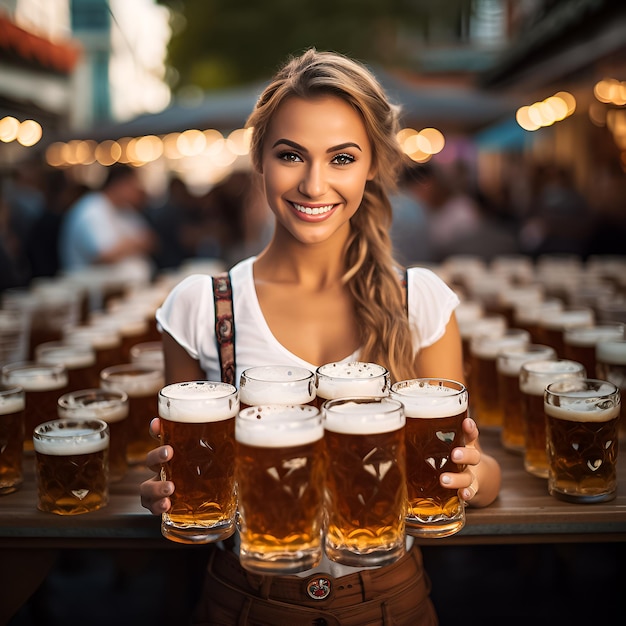 a woman holding a glass of beer with a large group of beer mugs.