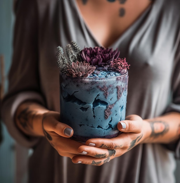 A woman holding a glass of blue liquid with a flower on it.