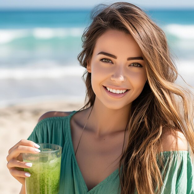 a woman holding a glass of green juice on the beach.