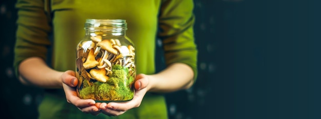 Woman holding glass jar with forest mushrooms and herbs on dark background Edible mushrooms