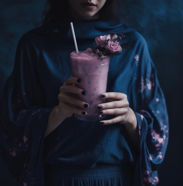 A woman holding a glass of milk with a flower on it.