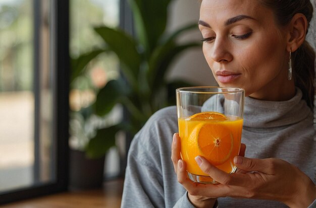 Photo a woman holding a glass of orange juice in a yoga p