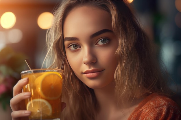 A woman holding a glass of orange juice