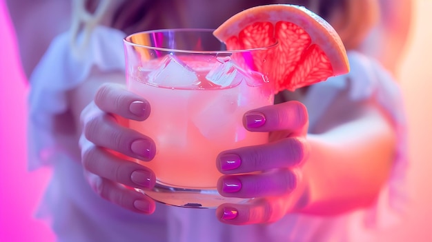 色の背景のクローズアップで美味しいグレープフルーツマルガリータのグラスを握っている女性