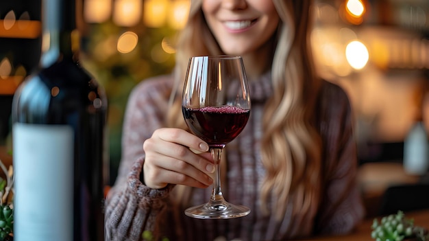 A woman holding a glass of wine in her hand and smiling at the camera with a bottle of wine in the b