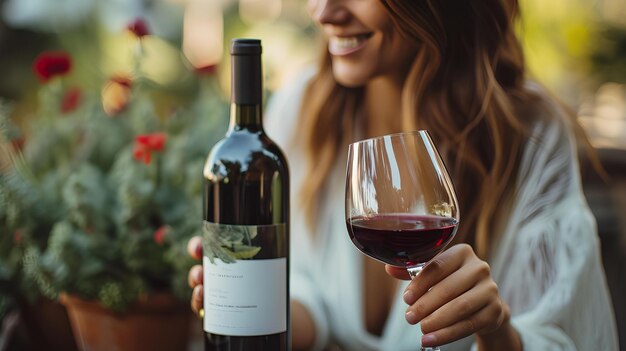 Женщина с бокалом вина и улыбается в камеру, сидя за столом с бутылкой