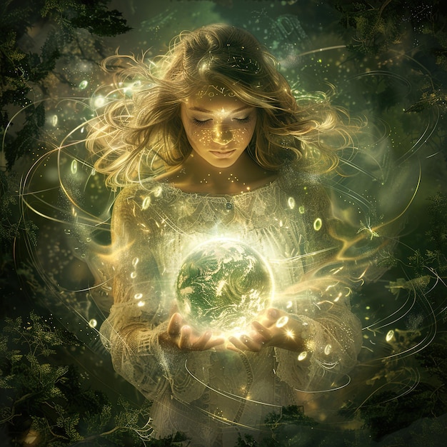 a woman holding a globe in her hands with the world in the background