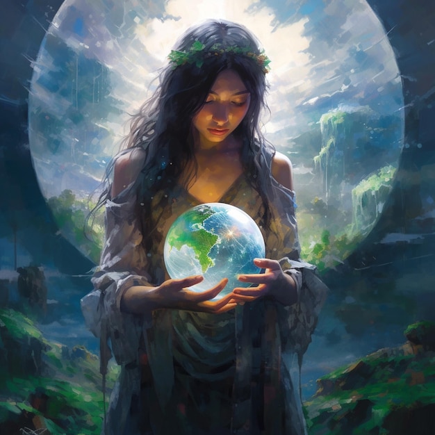 A woman holding a globe in her hands.