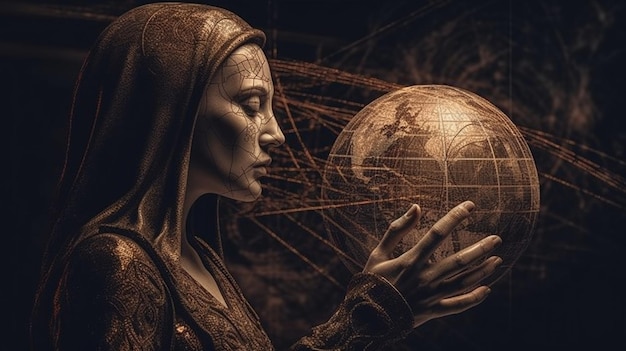 Woman holding globe vintage art Generative AI