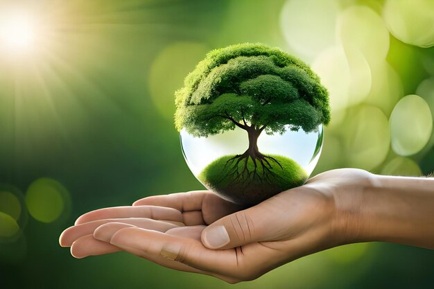 A woman holding a globe with a tree inside and the sun shining through it