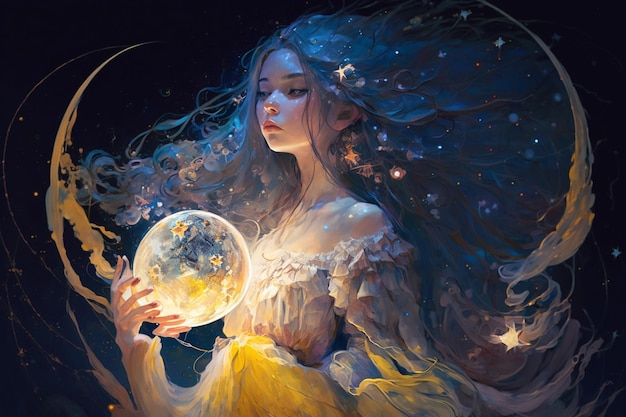 A woman holding a globe with the word stars on it.