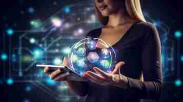 Photo a woman holding a globe with the words technology in the hands