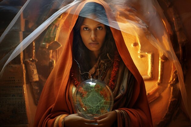 A woman holding a globe with the world in the background