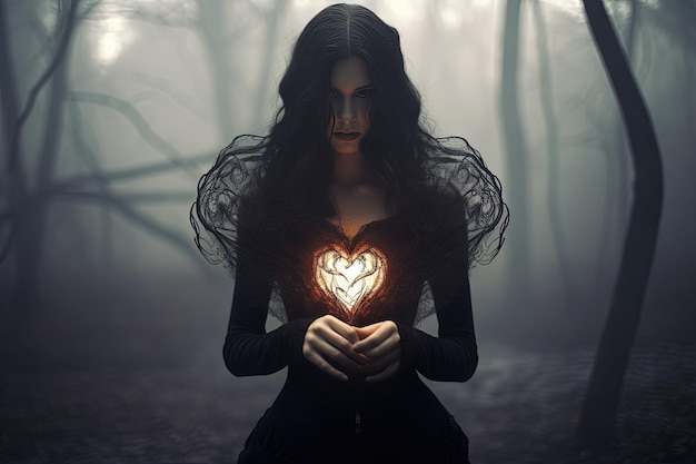 A woman holding a glowing heart in a dark forest