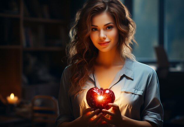 A woman holding a glowing heart in her hands