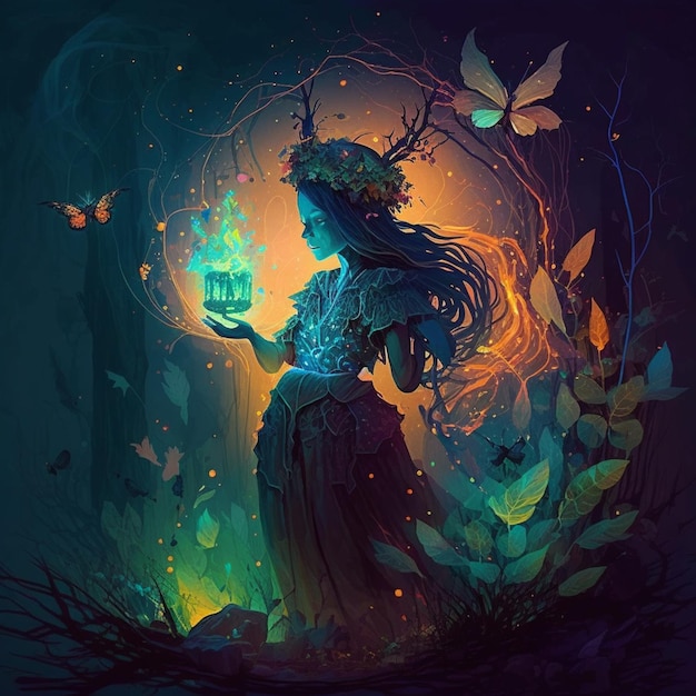 A woman holding a glowing lantern in her hand in a forest generative ai