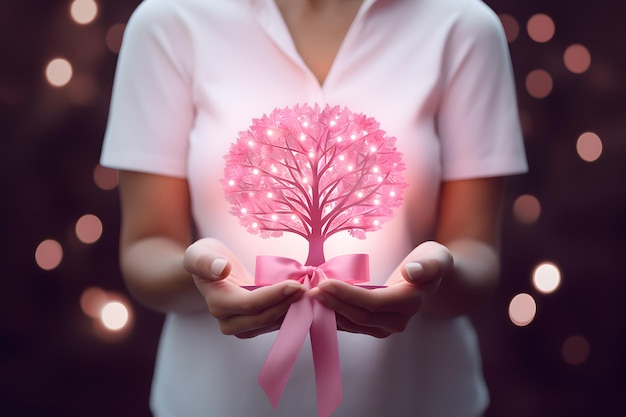 Woman holding a glowing tree in the shape of a heart with a pink ribbon as a symbol of love Cancer