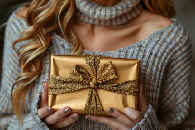 Woman Holding Gold Wrapped Present