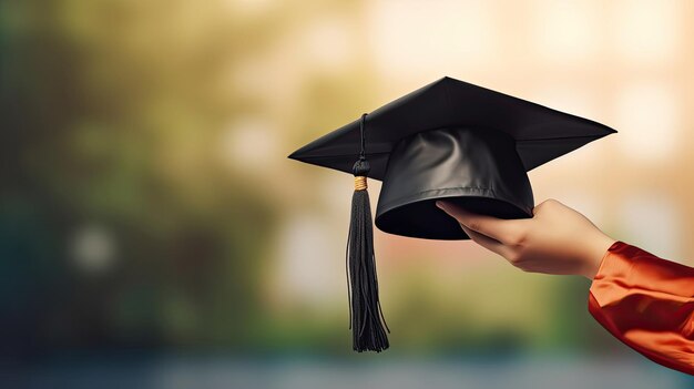 Photo woman holding graduation cap hat in blur sky background celebrating graduation putting hand up