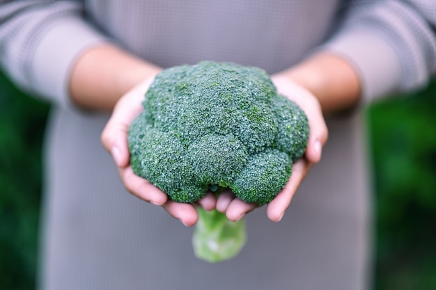 A woman holding a green broccoli in hands