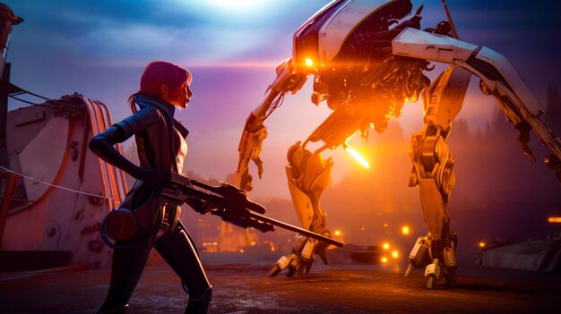 Photo woman holding gun next to giant robot in futuristic setting generative ai