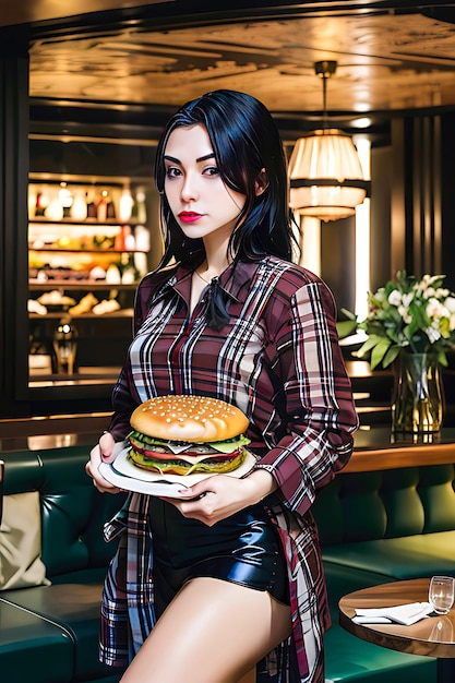 a woman holding a hamburger Asian Waitress serving burger