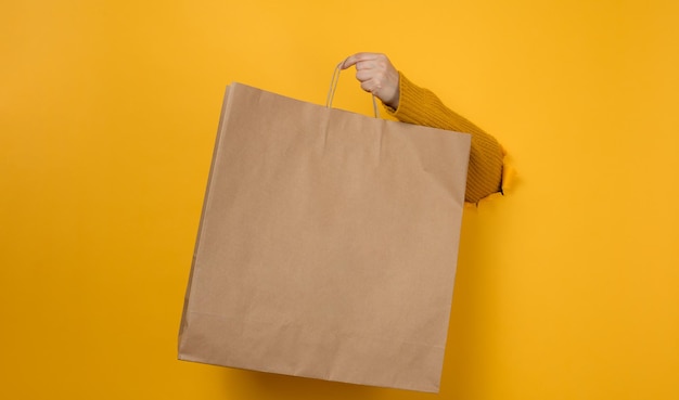 Woman holding in hand brown blank craft paper bag for takeaway on yellow background Packaging template mock up Delivery service concept banner