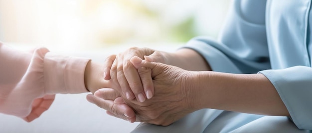 a woman holding the hand of an older woman