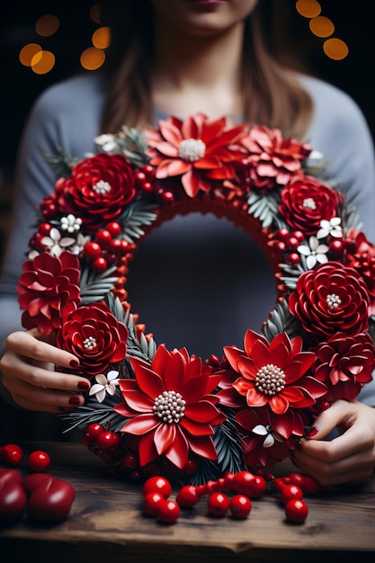 Woman holding a handmade holiday Christmas wreath with red flowers