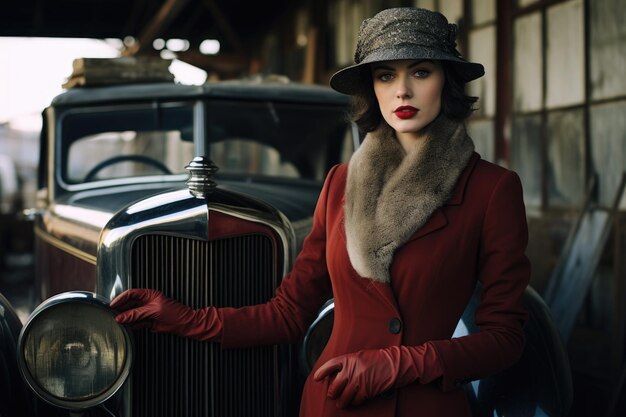 Foto donna con un cappello e guanti mentre si trova accanto a un'auto d'epoca