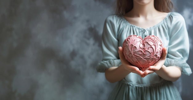 Photo woman holding a heart love and emotion concept valentines day good hearted person help and charity