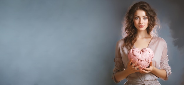 Photo woman holding a heart love and emotion concept valentines day good hearted person help and charity