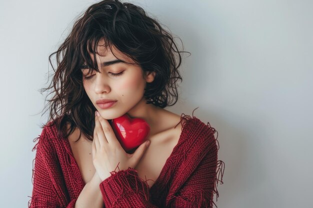 a woman holding a heart that says  i love you