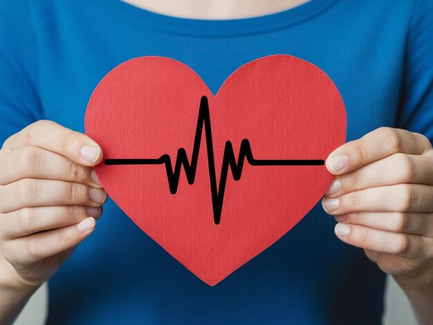 a woman holding a heart with a red heart on her chest