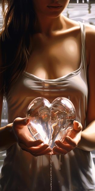 Женщина, держащая в руках каплю воды в форме сердца, чудесный свет любви, захватывающая дух грудь