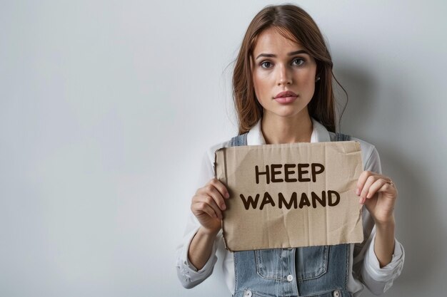 Woman holding help wanted sign Businesswoman showing placard isolated on white background