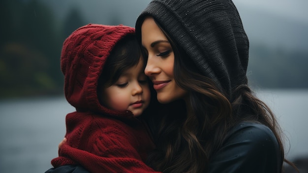 a woman holding her child in front of a lake